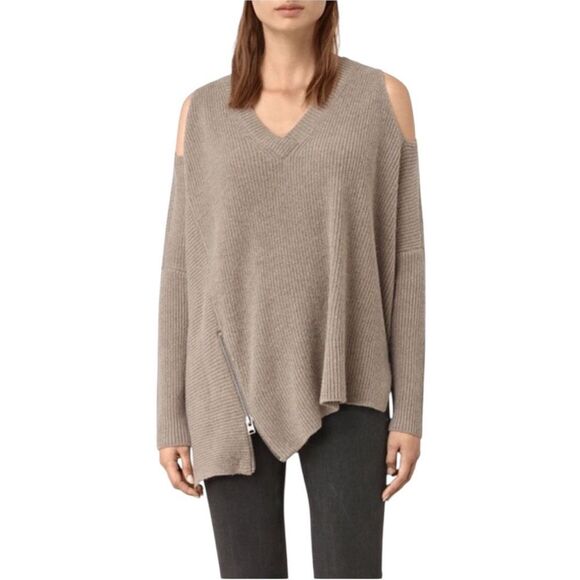 All Saints Open Shoulder Sweater V Neck Zipper Lunar Grey Medium $230 Alpaca - Picture 1 of 12